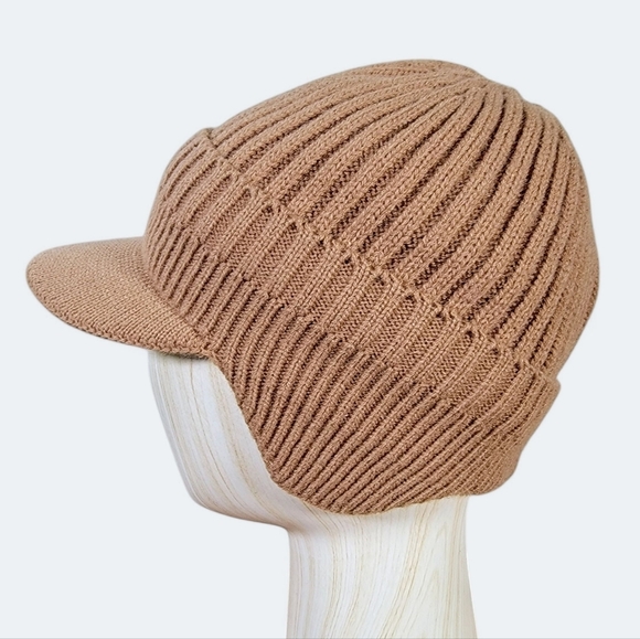 Tan Knit Cap with Ear Flaps Faux Fur Lined Winter Mens Cap MASH Style - Picture 1 of 12